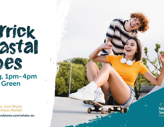 Promotional graphic for Carrick Coastal Vibes on 25 August from 1pm to 4pm at Castle Green, featuring urban sports, live music and a local artisan mar