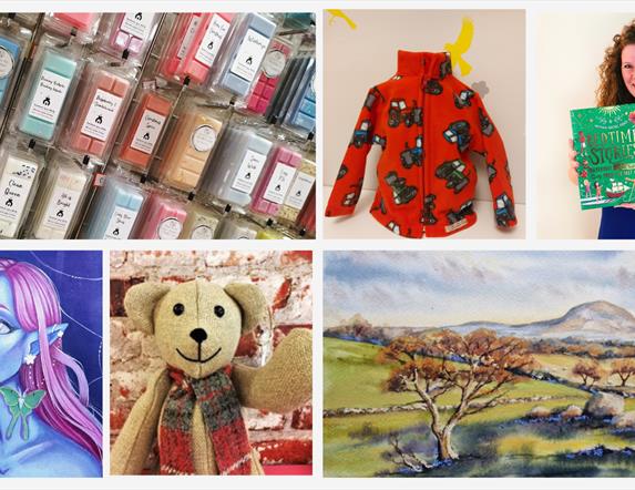 grid of 6 images showing products made by Midtown Makers members, including wax melts, child's fleece jacket, illustrated book, painting of fairy woma