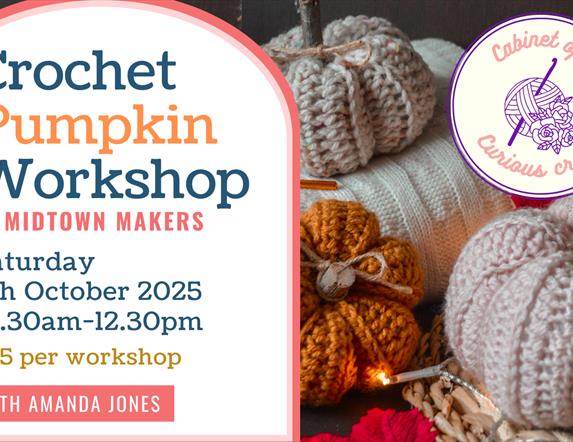 crochet pumpkins in autumn colours with text to side  - crochet pumpkin workshop