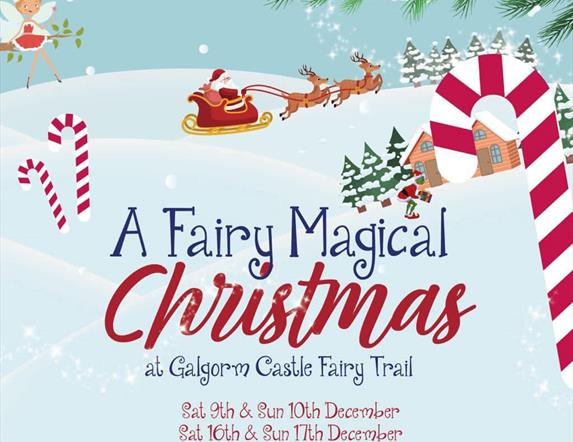 Poster advertising a Fairy Magical Christmas with dates featuring snow scene with Santa on sleigh.
