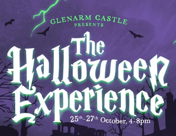 Publicity poster with purple background stating 'Glenarm Castle Presents The Halloween Experience 25th to 27th October from 4-8pm.'  Images of silhoue