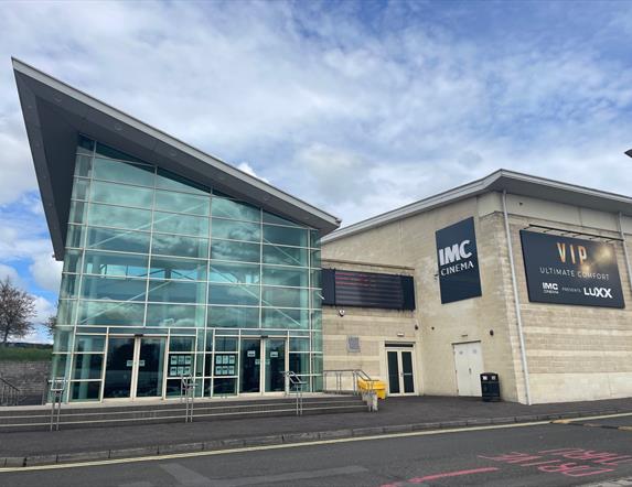 Glass fronted entrance doors and brick exterior of IMC Cinema in Ballymena