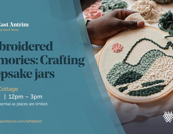 Images showing embroidery stitching, promoting August Craft Month Event