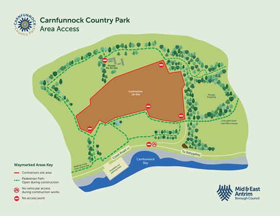 Map showing access while Carnfunnock Country Park is under redevelopment during 2025 & 2026.