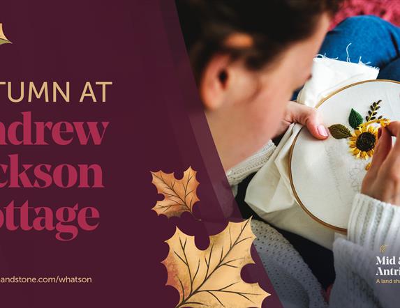 Image of cross stitch picture and a ladies hand