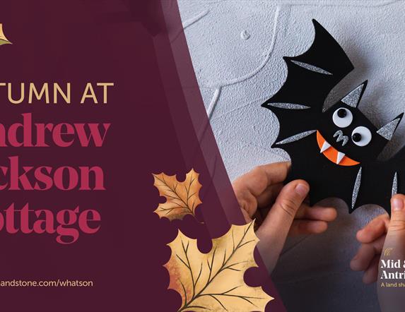 images shows childrens craft of a bat with falling leaves depicting halloween and autumn