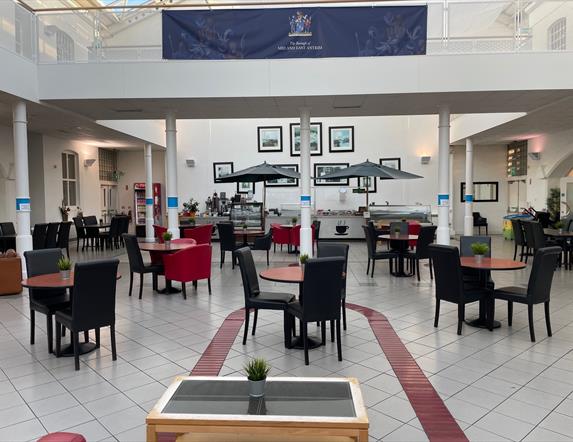 Seating area within The Glasshouse Bistro in Carrickfergus Civic Centre