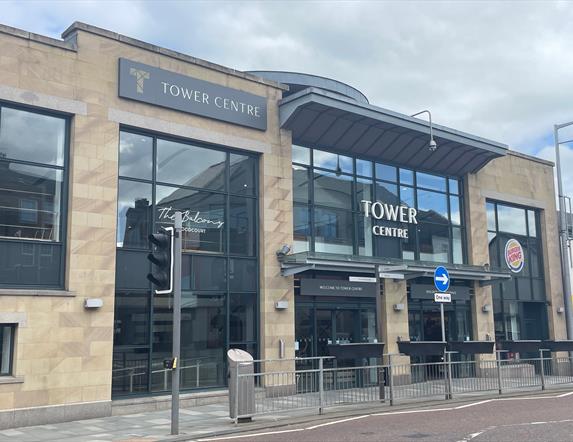 Black and stone coloured exterior of The Tower Shopping Centre in Ballymena