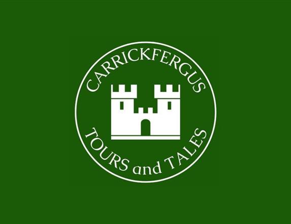 Logo got Carrickfergus Tours and Tales with green background and castle in the centre