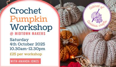 crochet pumpkins in autumn colours with text to side  - crochet pumpkin workshop