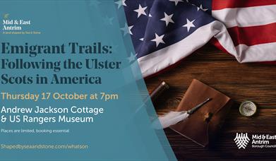 Image shows the American flag, a compass, quill and leather notebook