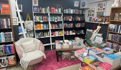 Pink seat with white rug and cushion surrounded by shelves and tables with books