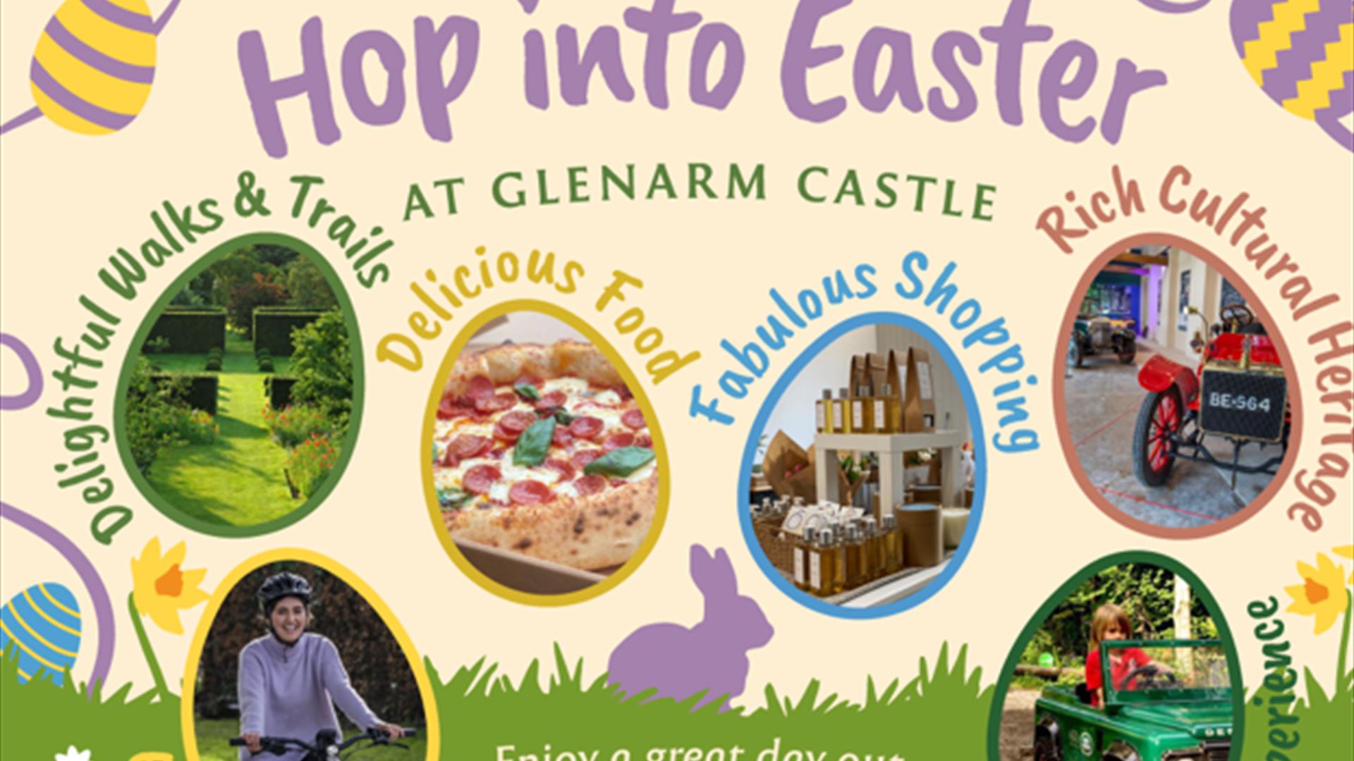 Hop into Easter at Glenarm Castle picture of various events illustrated inside easter egg shapes with details
