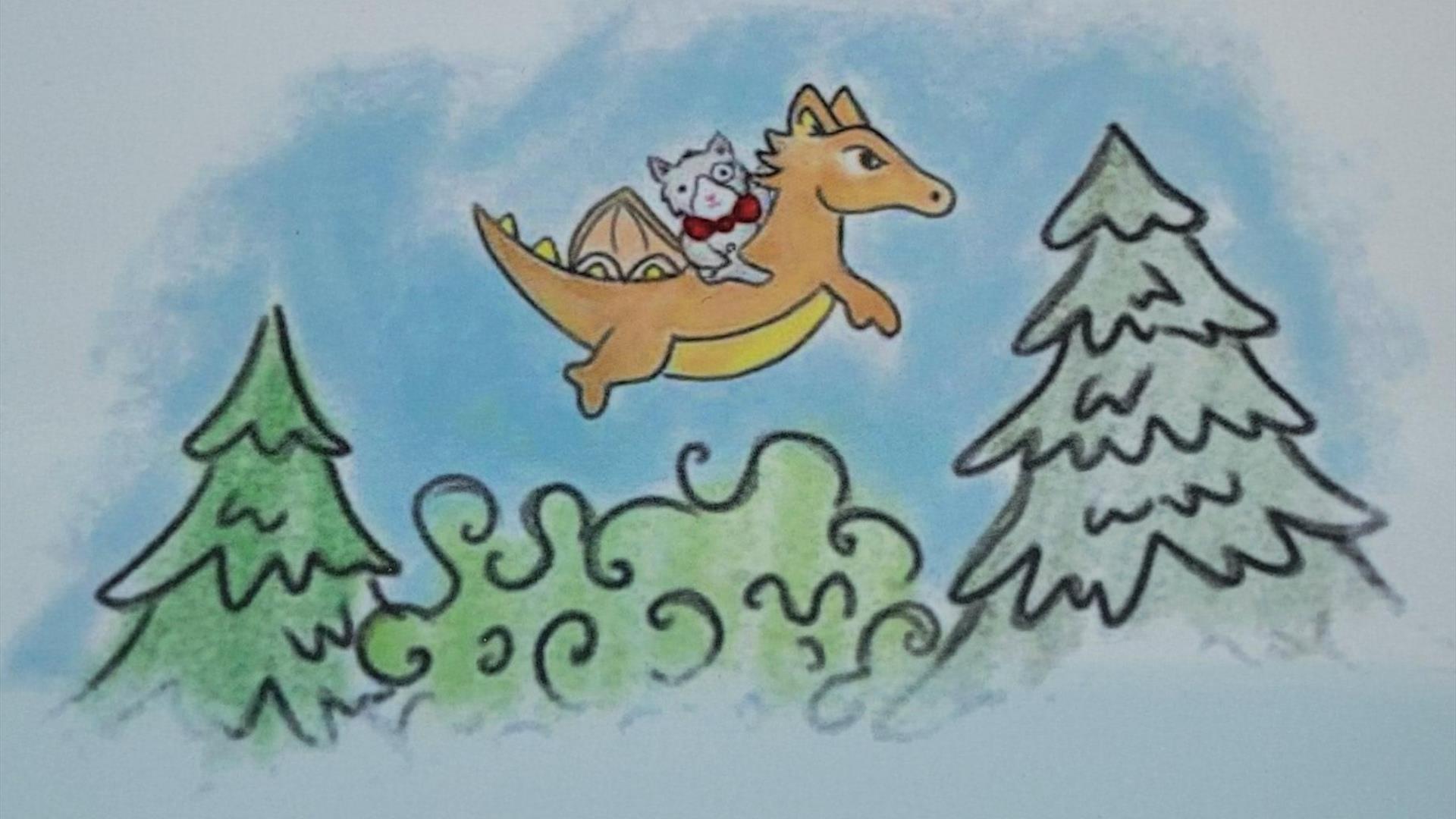 storybook cover showing a cat and dragon flying through the sky