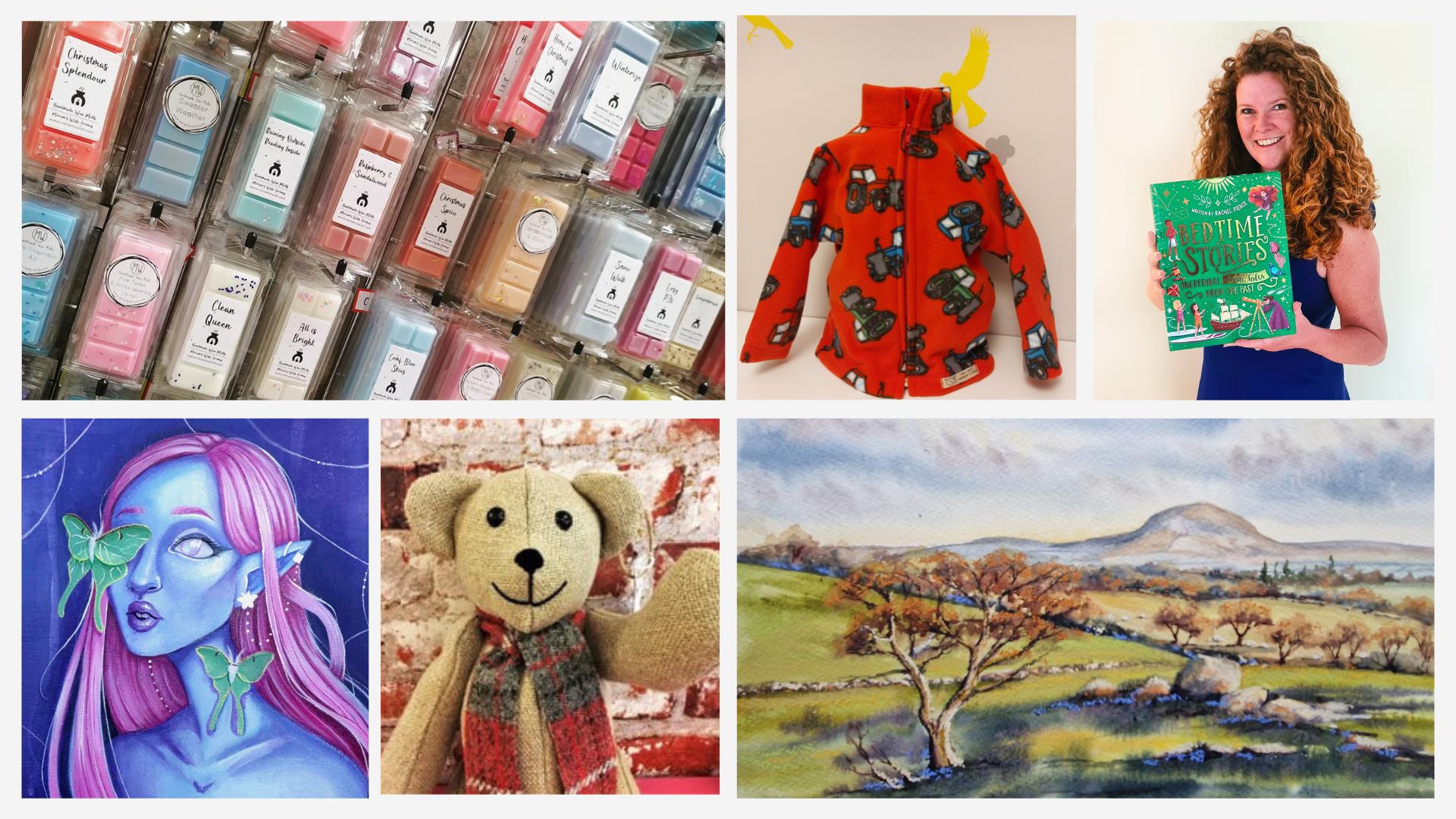 grid of 6 images showing products made by Midtown Makers members, including wax melts, child's fleece jacket, illustrated book, painting of fairy woma