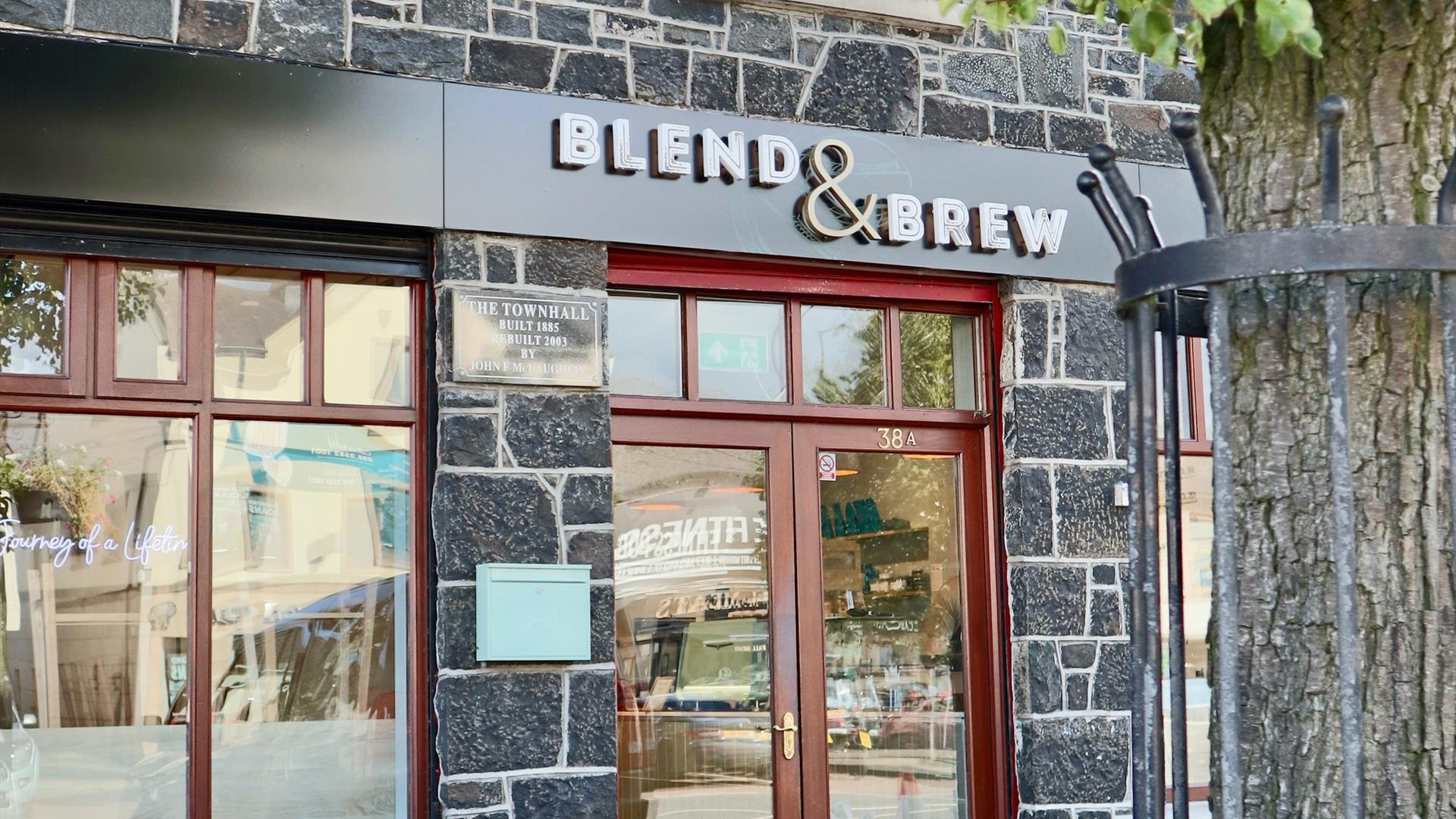 Exterior stone walls and glass doors / windows to Blend & Brew in Portglenone