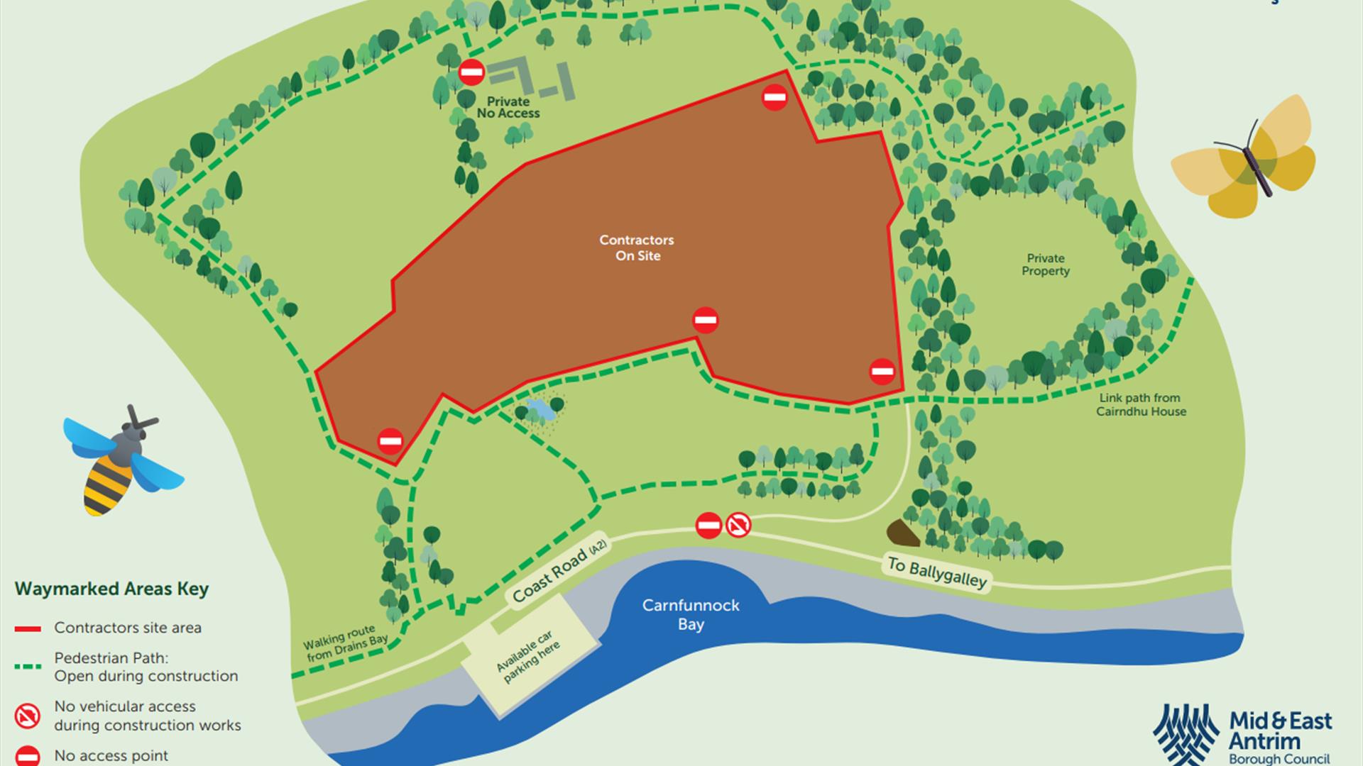 Map showing access while Carnfunnock Country Park is under redevelopment during 2025 & 2026.
