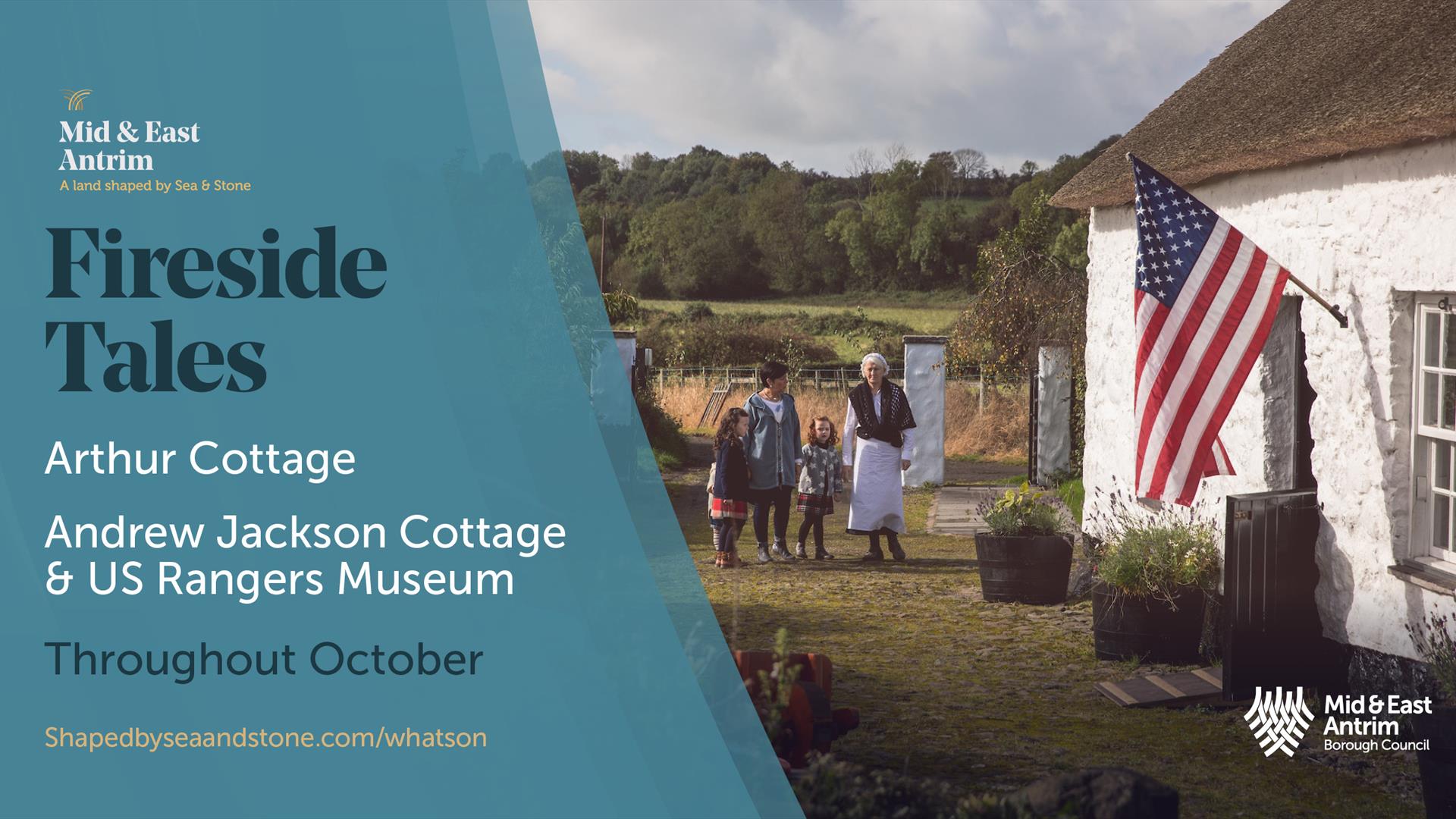 Images shows a mother and 3 children walking outside Arthur Cottage with a lady in period costume.