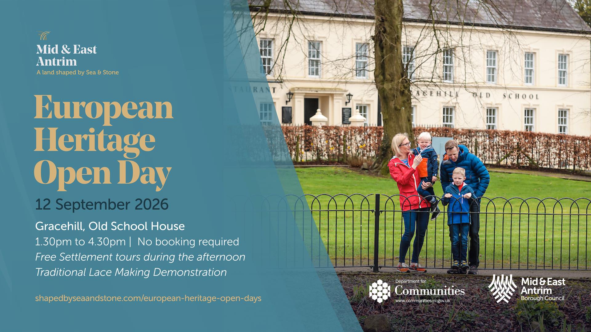 A picture of the building with a family to encourage families to come to the event.