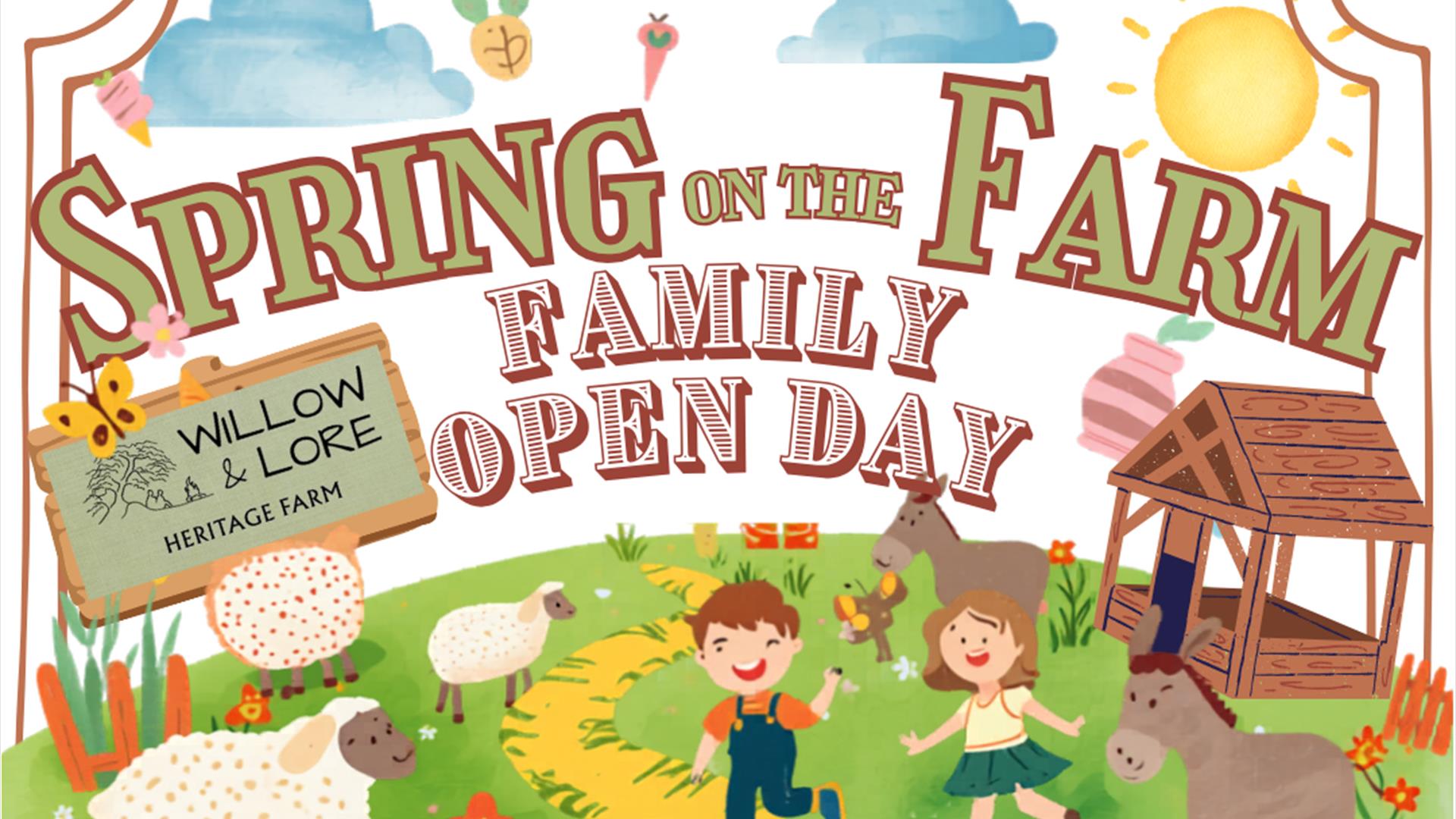 Event artwork for Spring on the Farm Family Open Day, cartoon farm images including sheep and donkeys