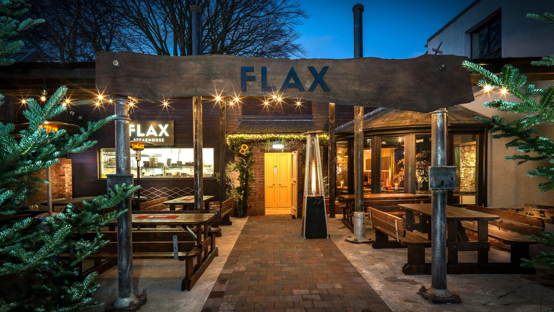 Beer garden and outside eating area of Flax restaurant in Broughshane