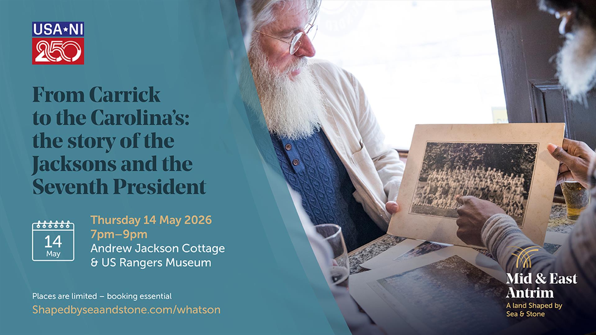 Gentleman holding a black and white photograph and event details.