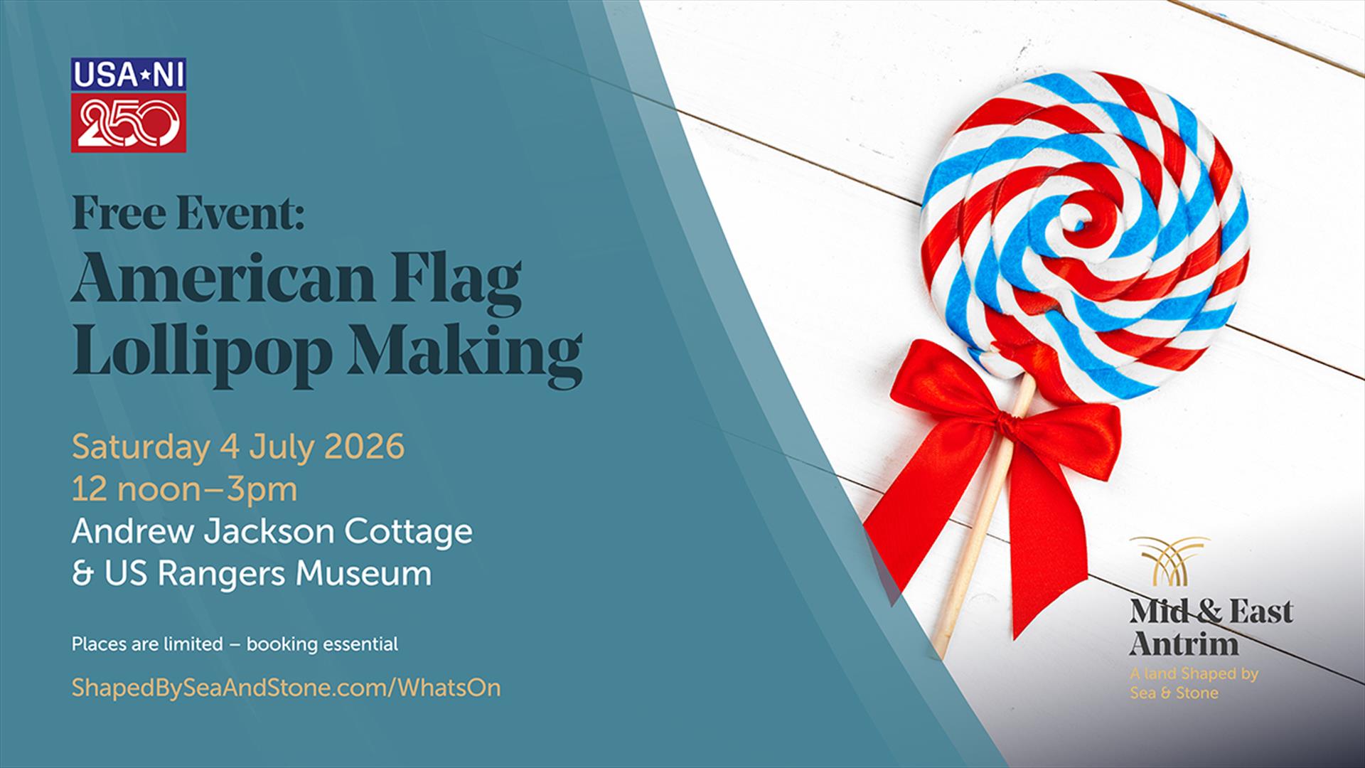 Image shows red white and blue swirl lollipop with a bow