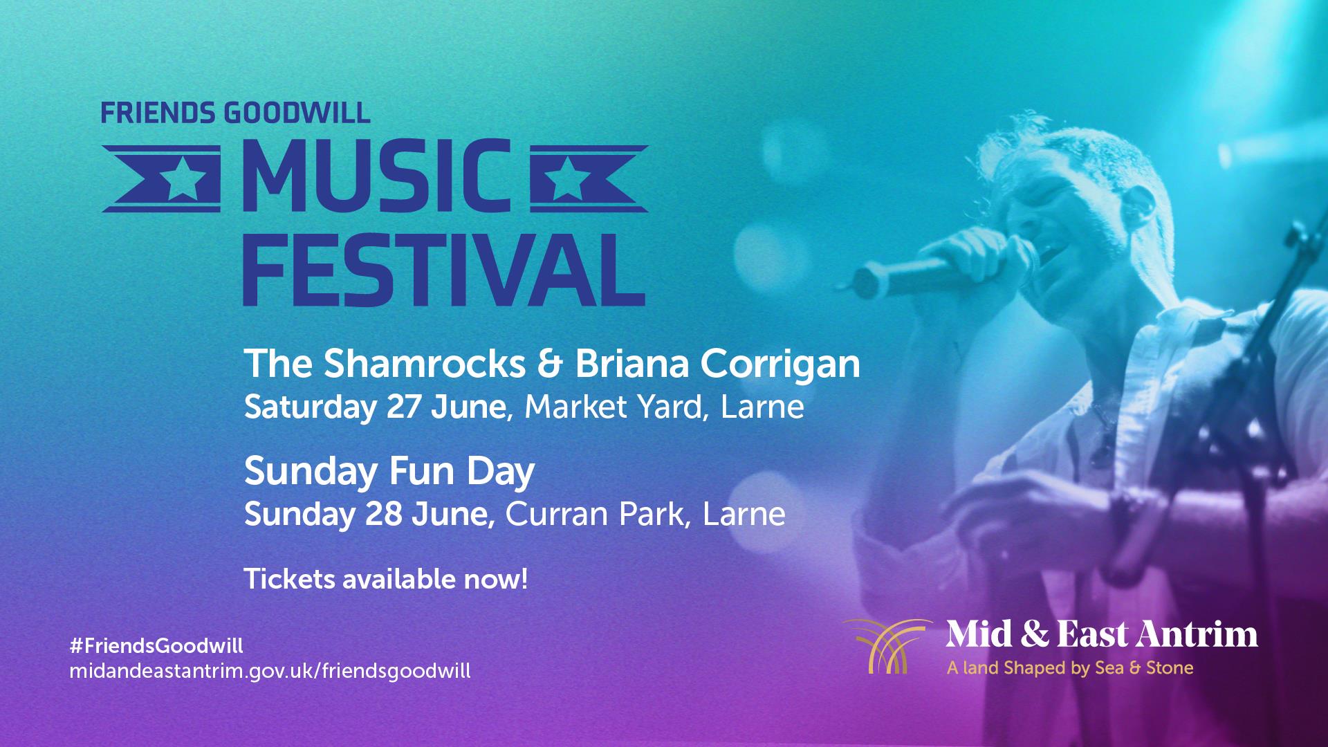 Promotional poster for Friends Goodwill Music Festival, featuring event dates, performers, ticket info, and an image of a singer performing on stage.