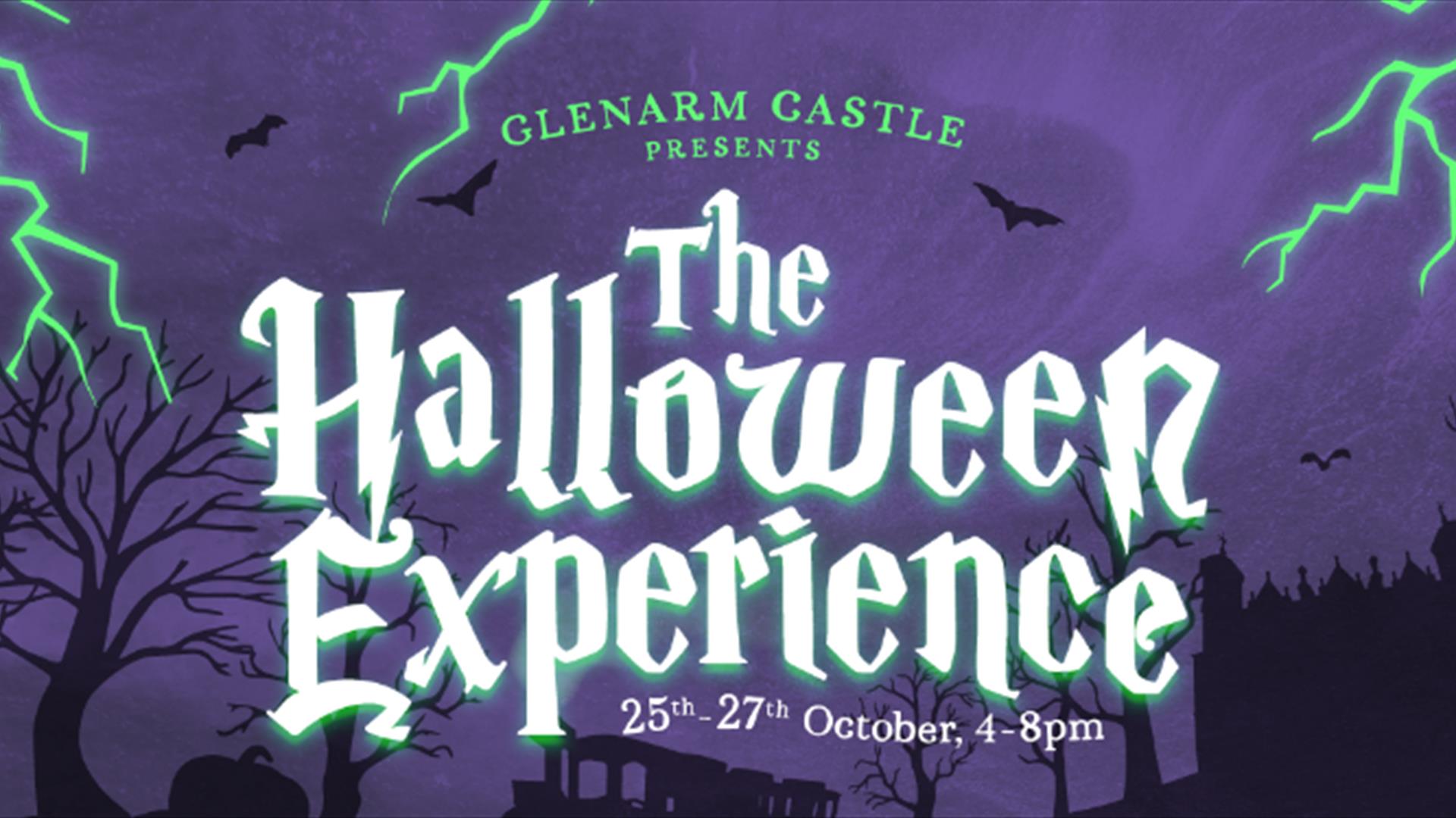 Publicity poster with purple background stating 'Glenarm Castle Presents The Halloween Experience 25th to 27th October from 4-8pm.'  Images of silhoue