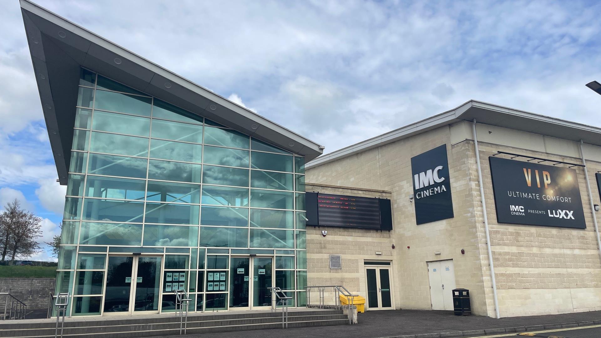 Glass fronted entrance doors and brick exterior of IMC Cinema in Ballymena