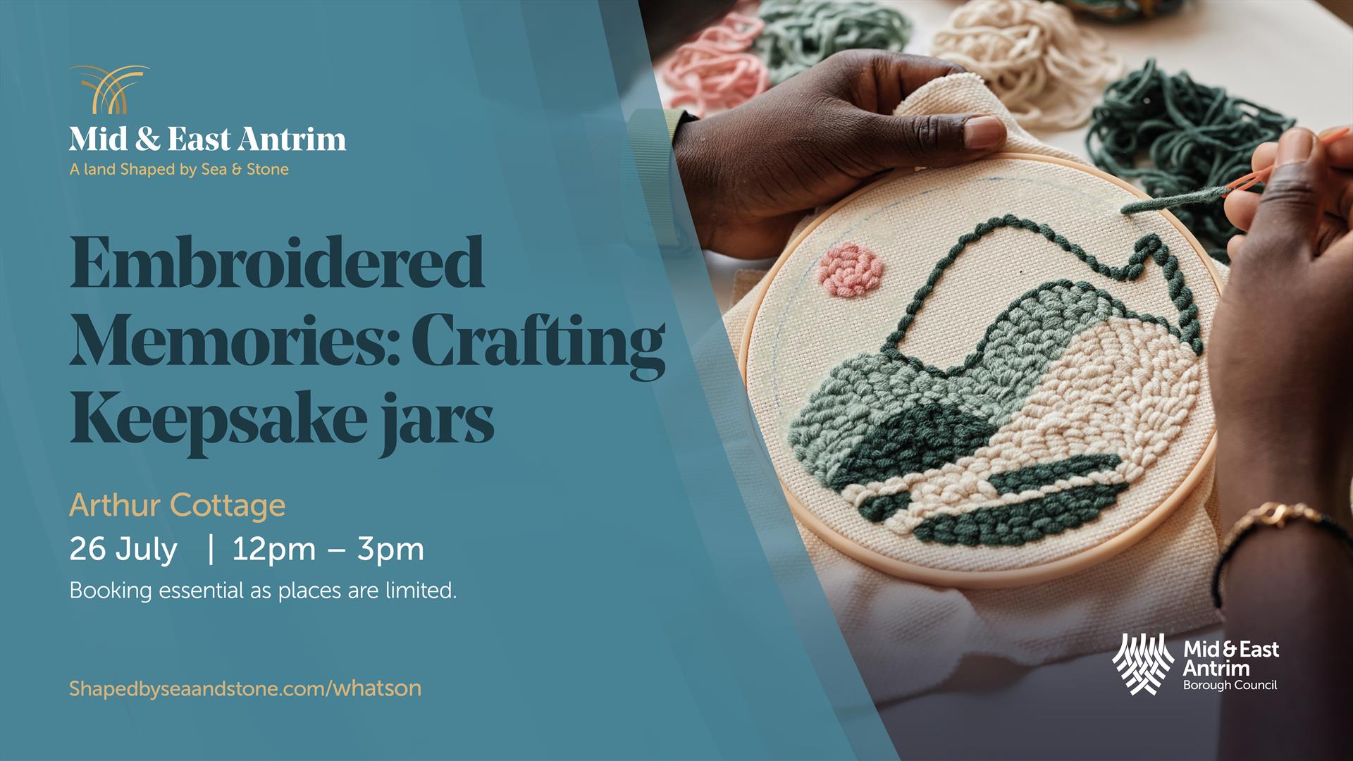 Images showing embroidery stitching, promoting August Craft Month Event