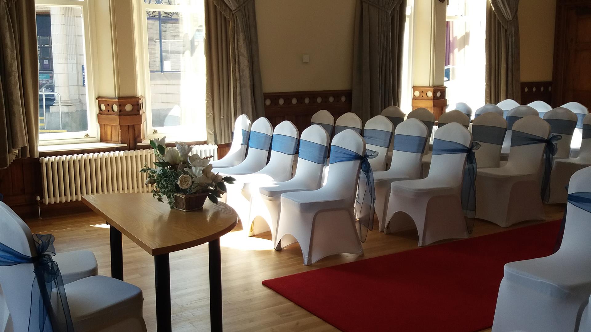 Seats set out for civil ceremony in Wilson Room in Larne Town Hall