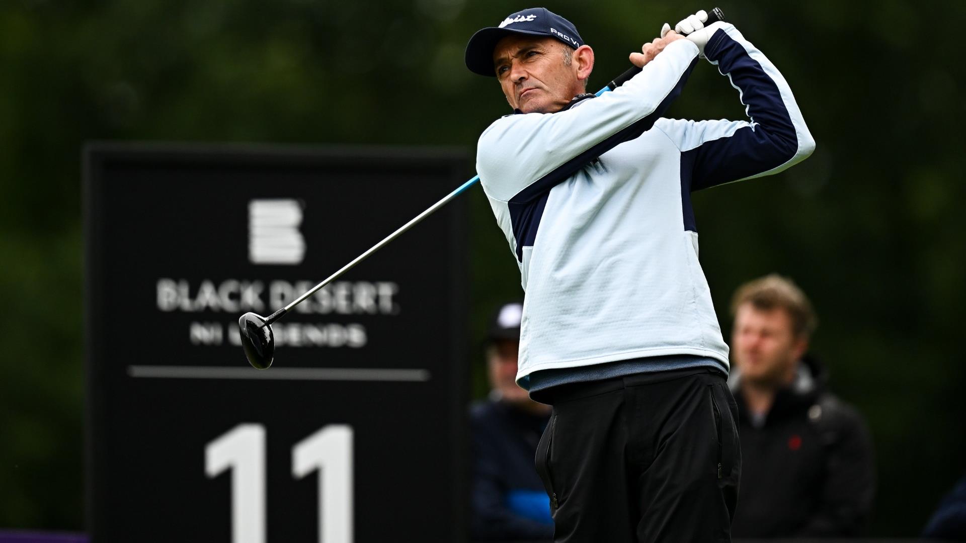2025 NI Legends champion Markus Brier tees off.