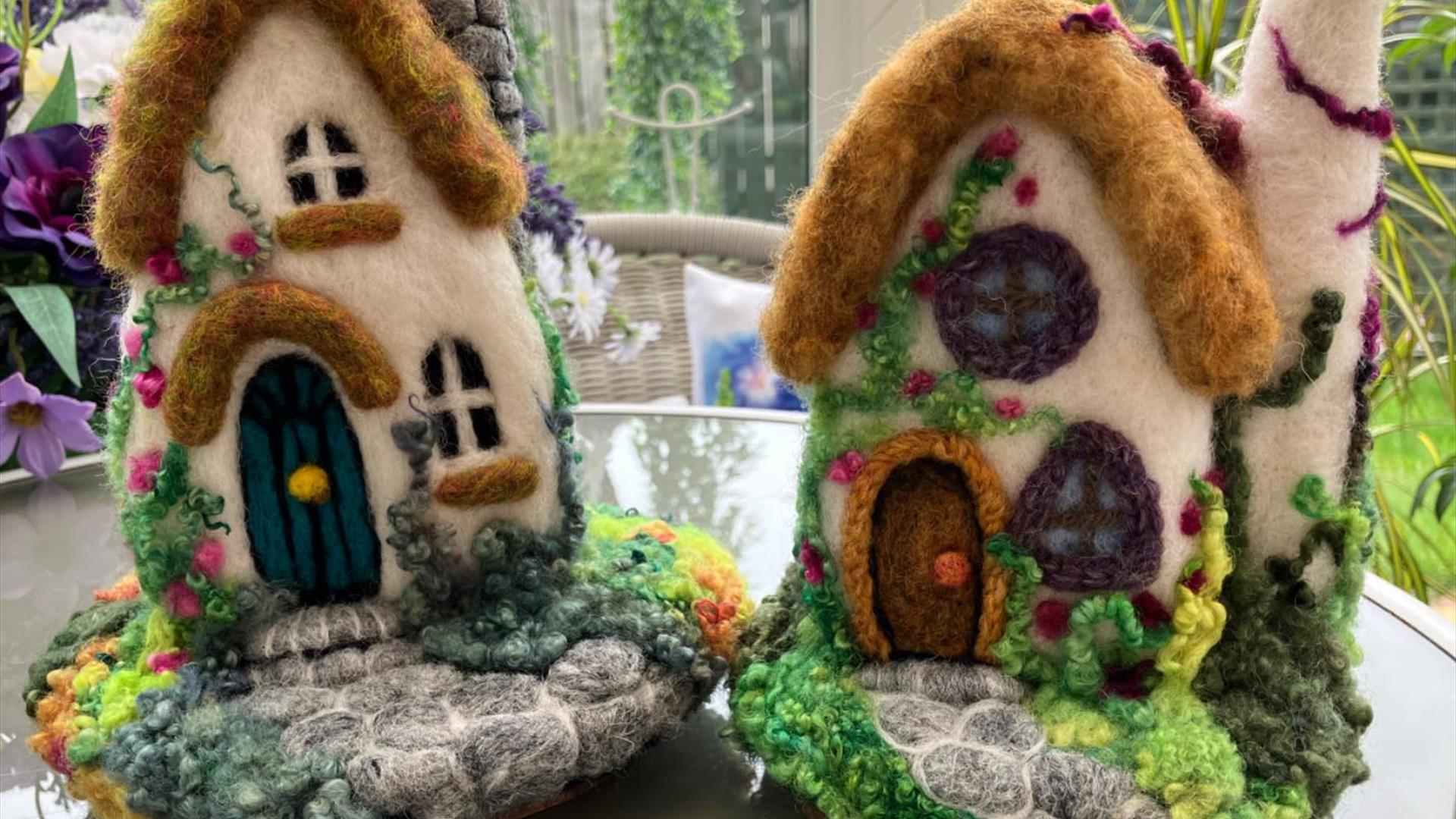 2 needle felted cottages in 3d by Mary Burke of Marydolls