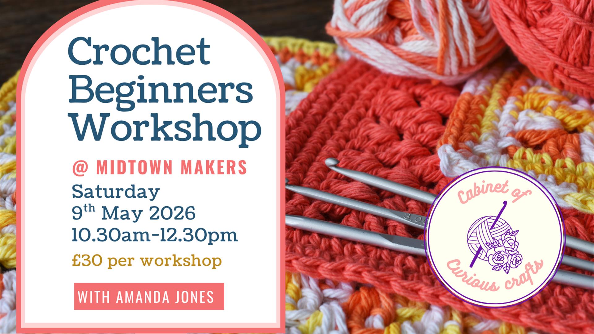 reads - beginners crochet at Midtown makers Saturday 9th May, 10.30am-12.30pm