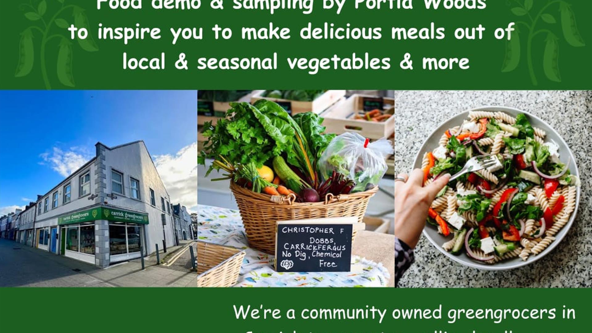 a flyer with pictures of salad, veg and Carrick Greengrocers
