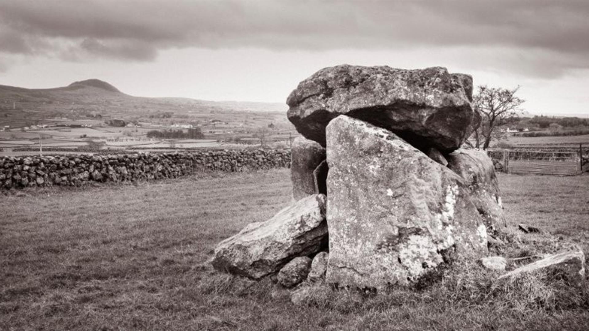 black and white photo of standing stone