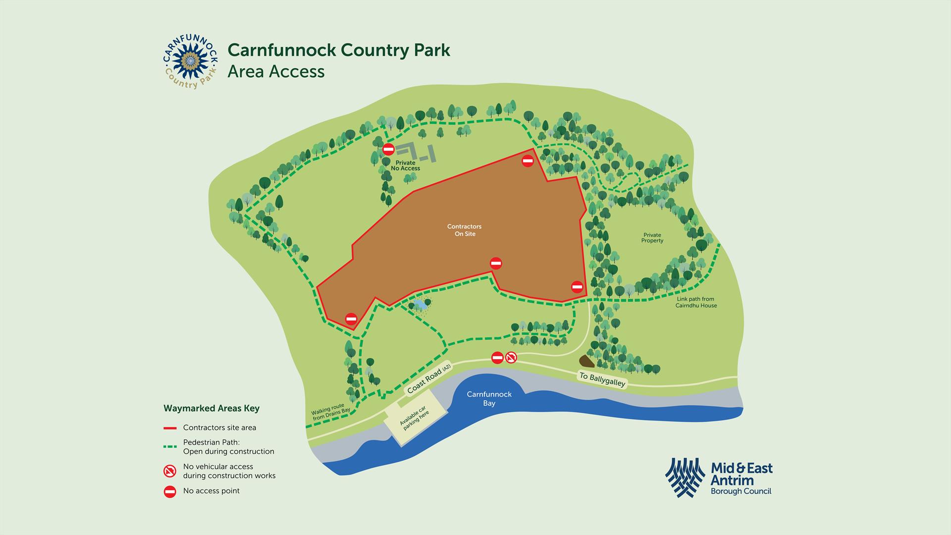 Map showing access while Carnfunnock Country Park is under redevelopment during 2025 & 2026.