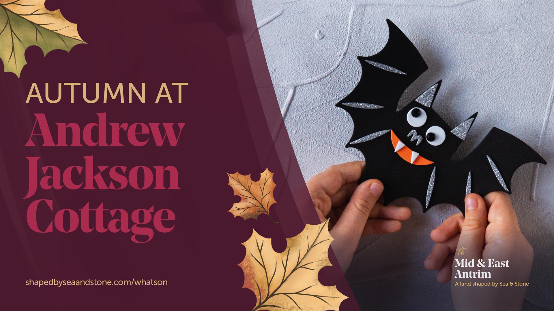 images shows childrens craft of a bat with falling leaves depicting halloween and autumn