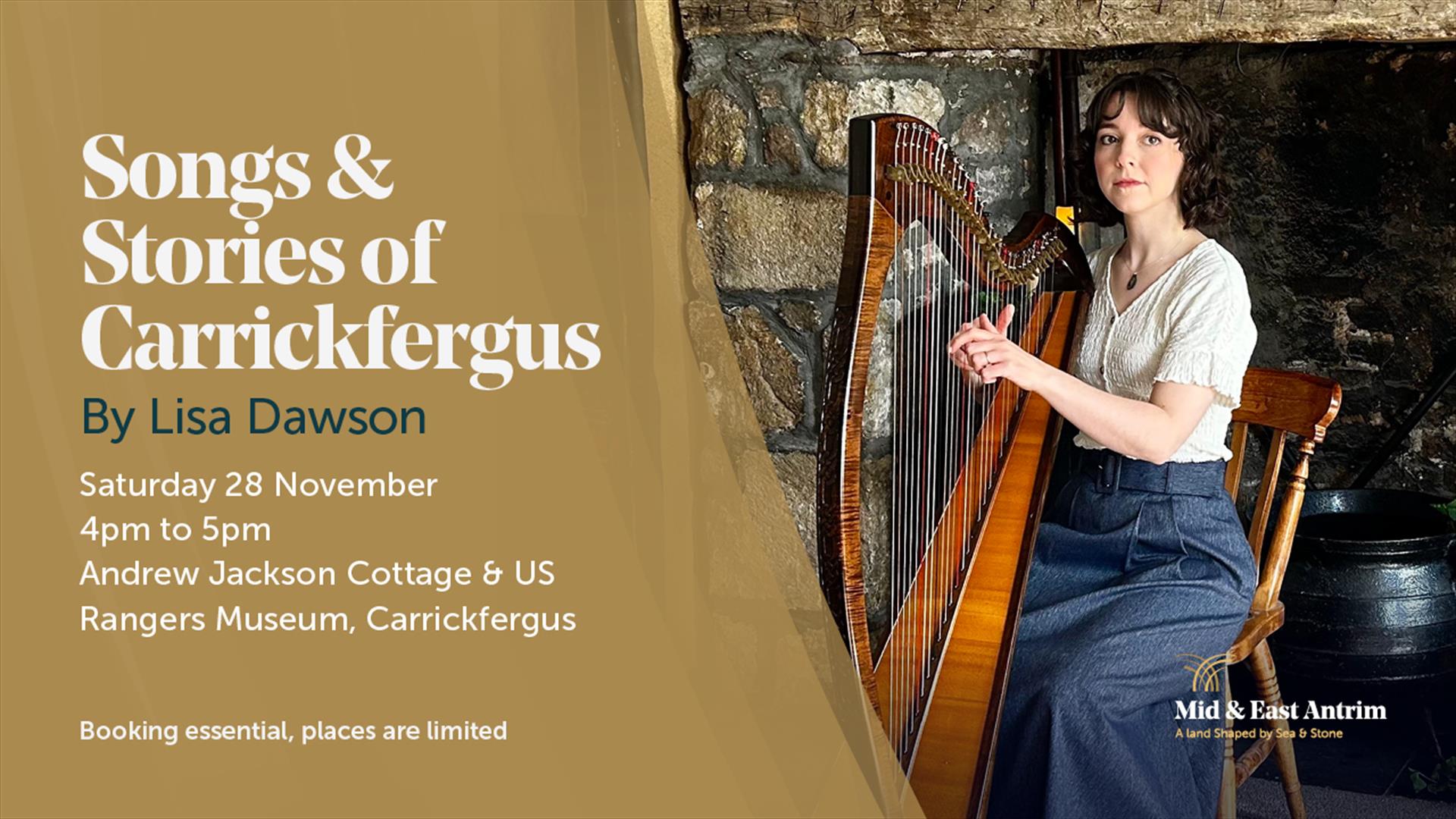 Photo of performer playing the harp and event listings