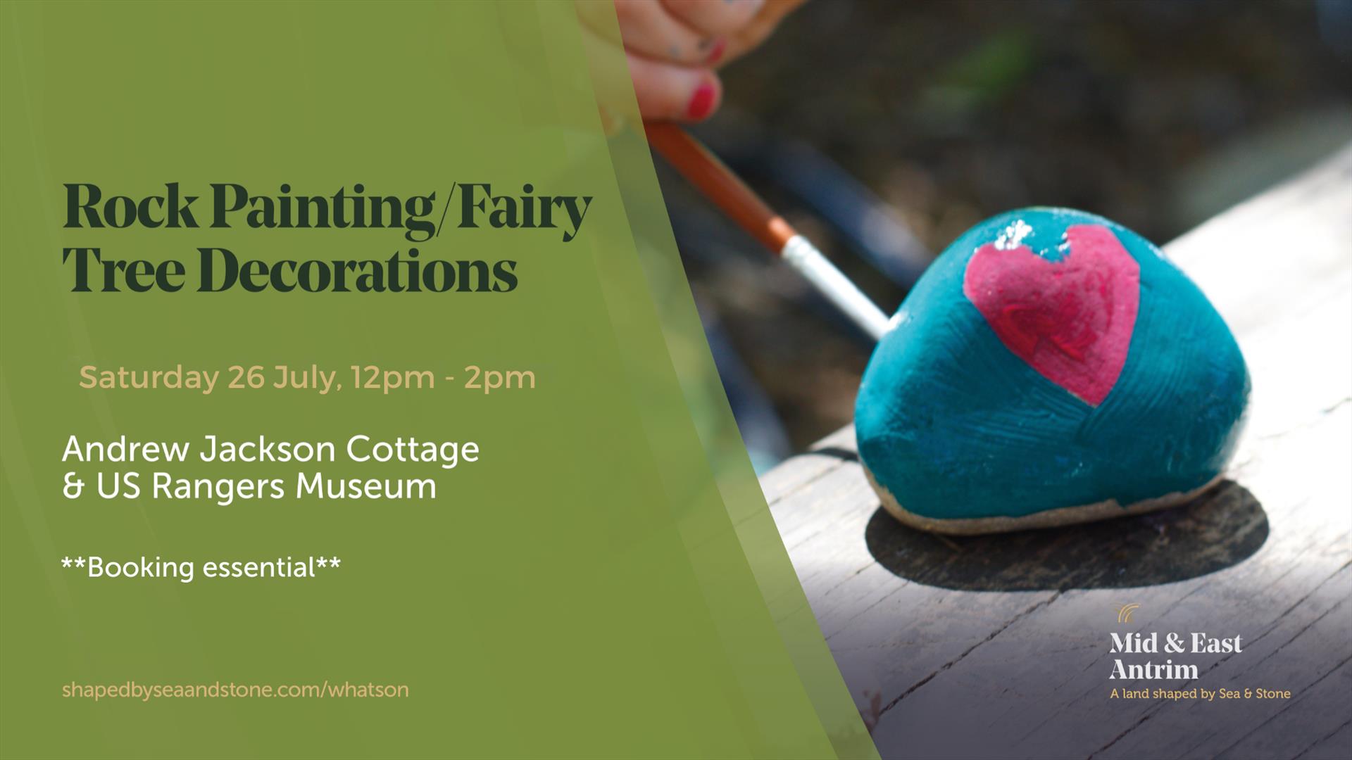 Rock with paint on it in the shape of a heart.  Promotional poster advertising the craft workshop