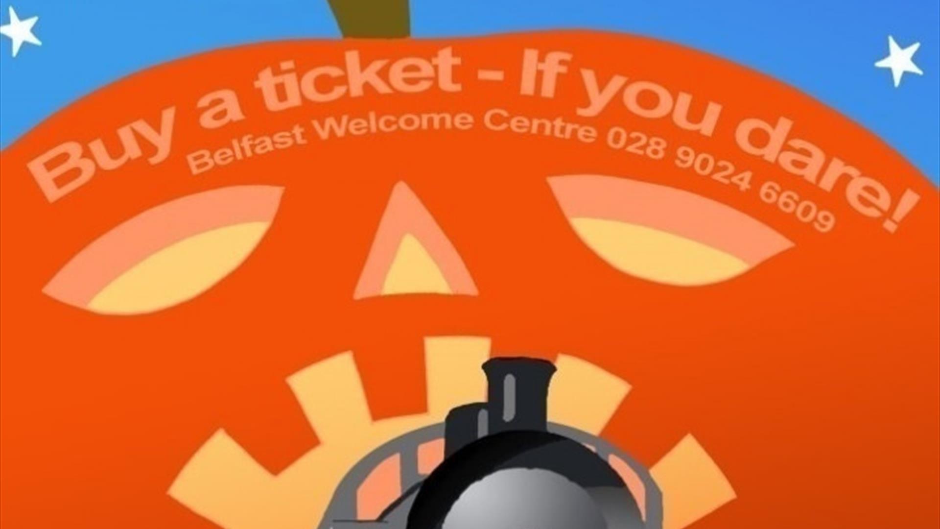 Poster to promote Halloween Steam event with vintage train travelling through mouth of a pumpkin