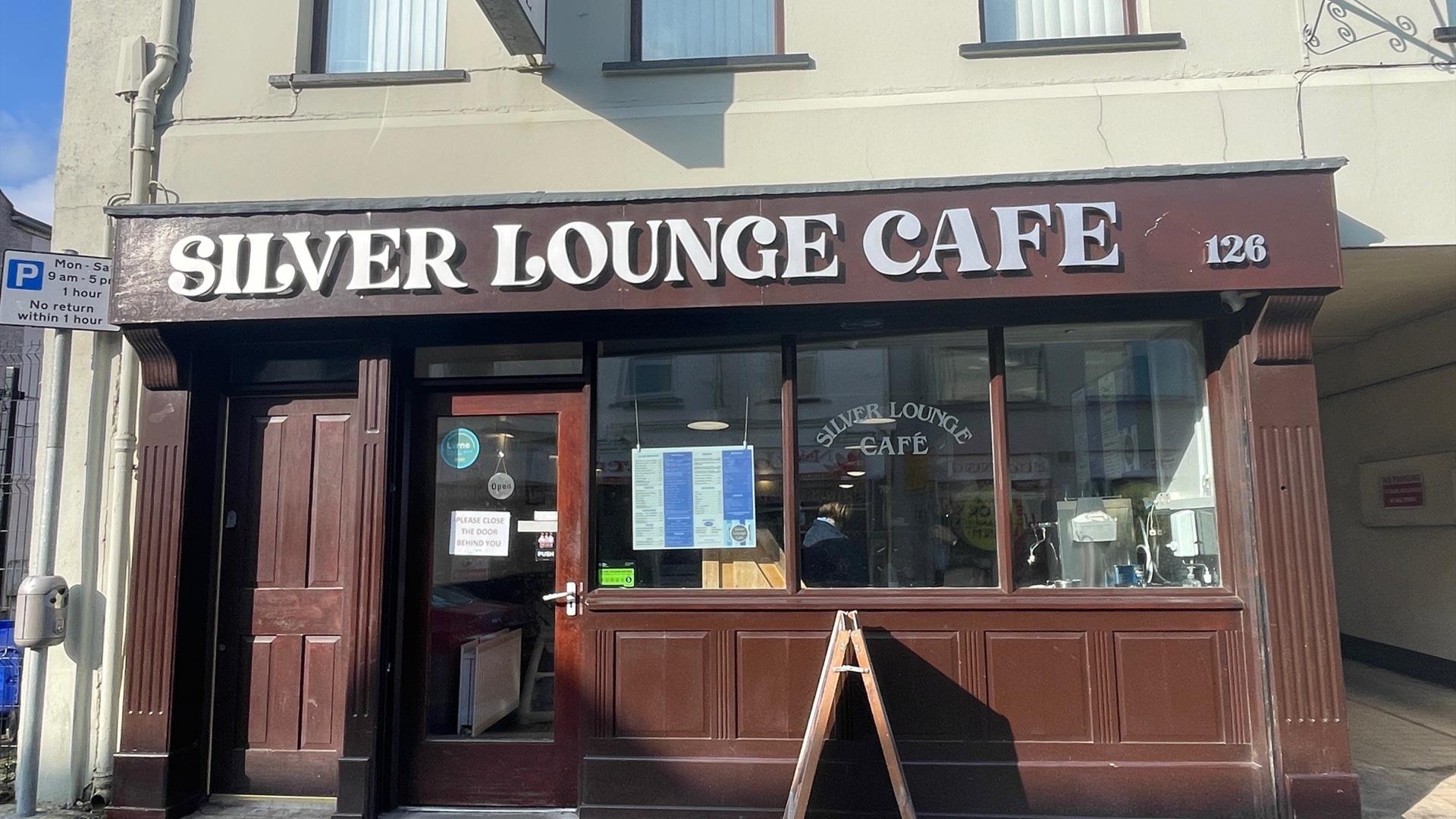 Brown panelled exterior of Silver Lounce Cafe in Larne