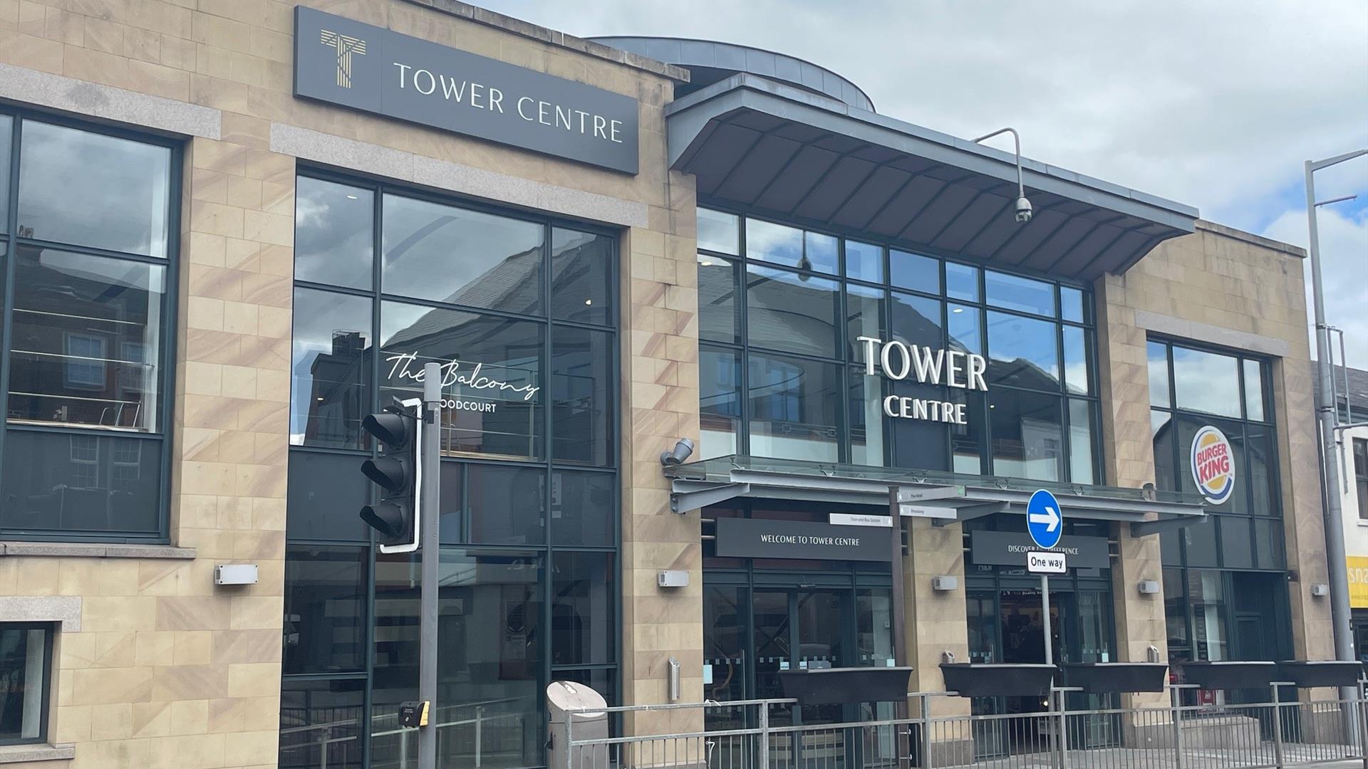 Black and stone coloured exterior of The Tower Shopping Centre in Ballymena