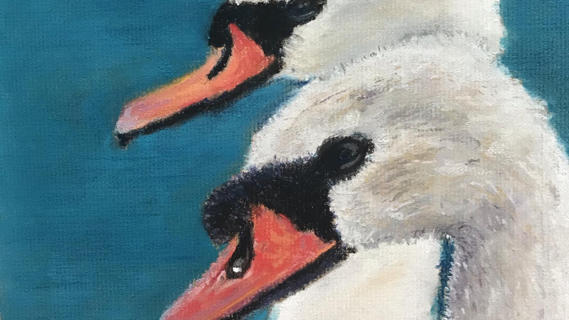 Painting of 2 swans head on blue background