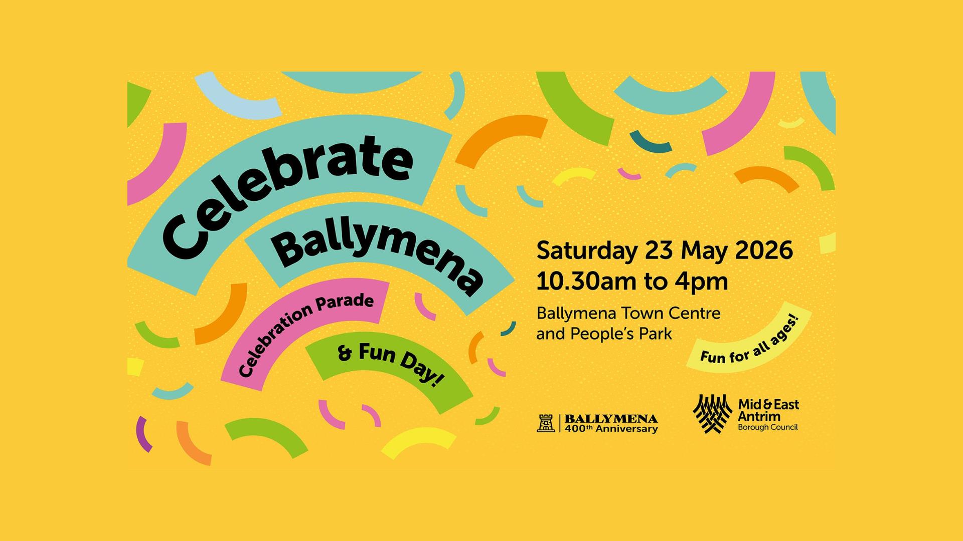 Ballymena 400th Anniversary logo featuring a stylised tower icon and the text "Ballymena 400th Anniversary”