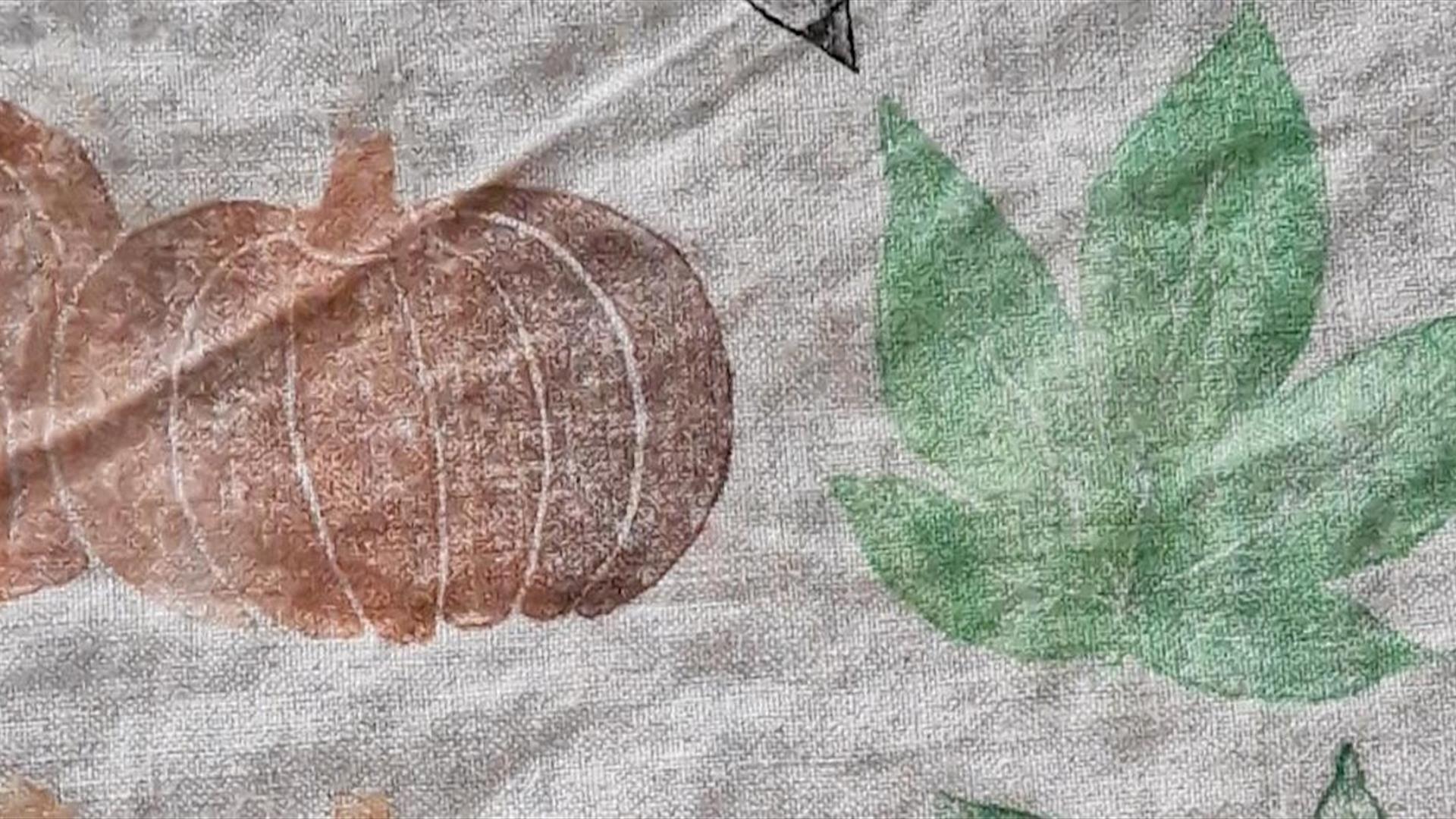 lino printed pumpkin and leaf on Irish Linen