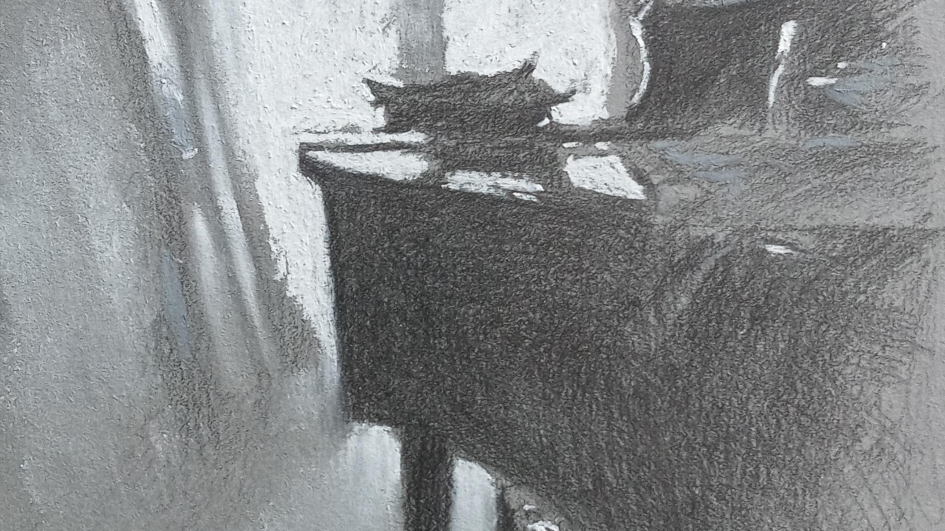 Image: Parisian apartment interior entitled "Anne's piano", in charcoal and conte, by Cormac Dennis.