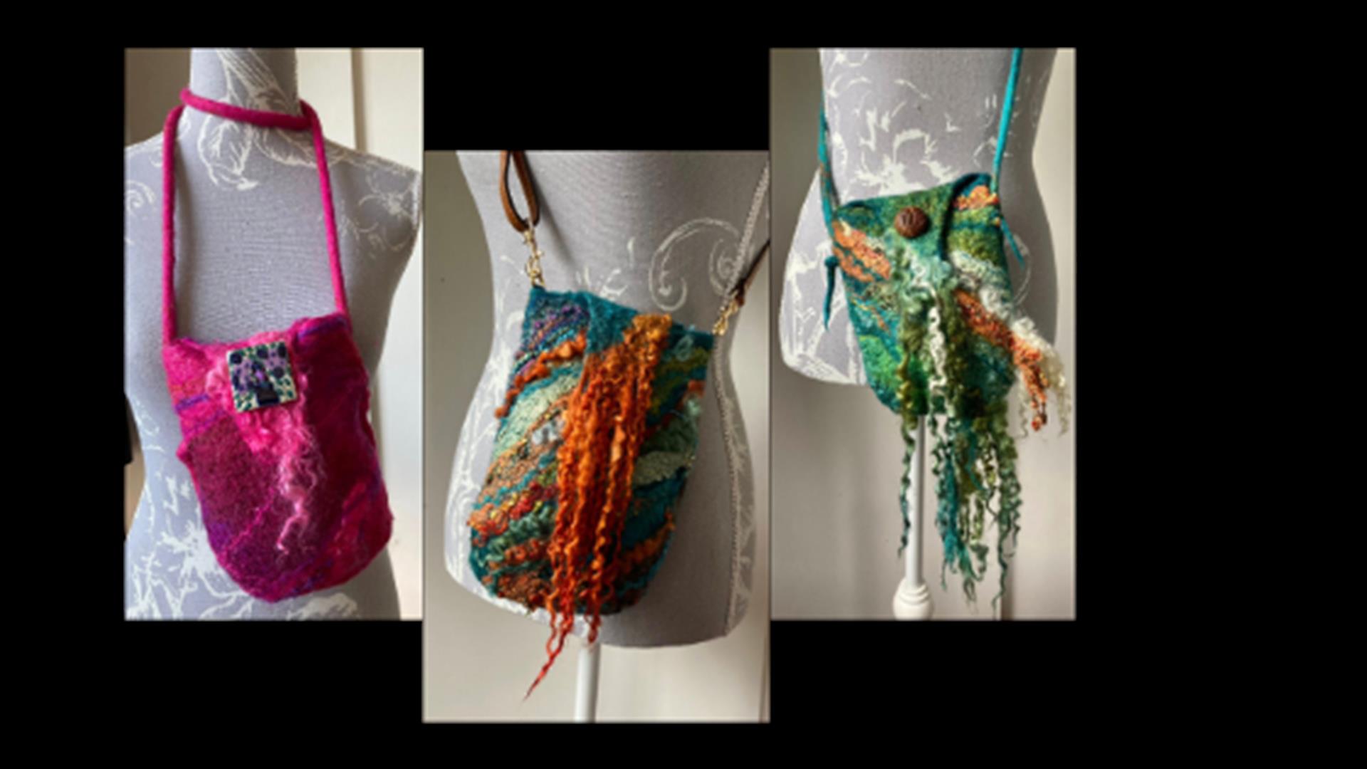 3 mannequins with small felted bags
