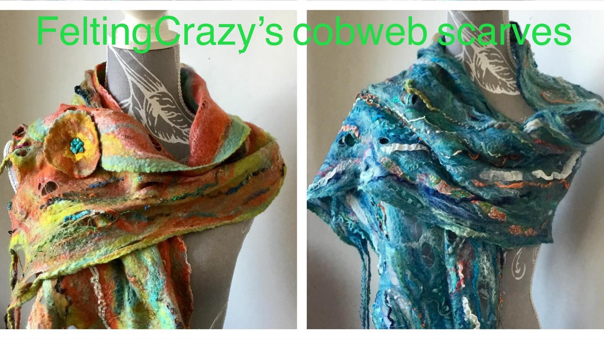 2 felted scarf wraps in bright colours on mannequins